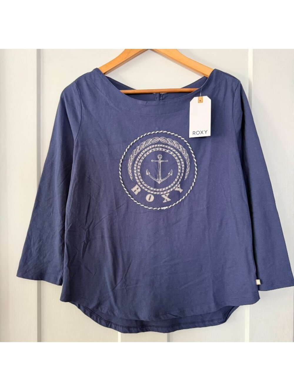 NWT Roxy Womens Navy Blue Anchor Graphic Long Sleeve Top Cotton Size L